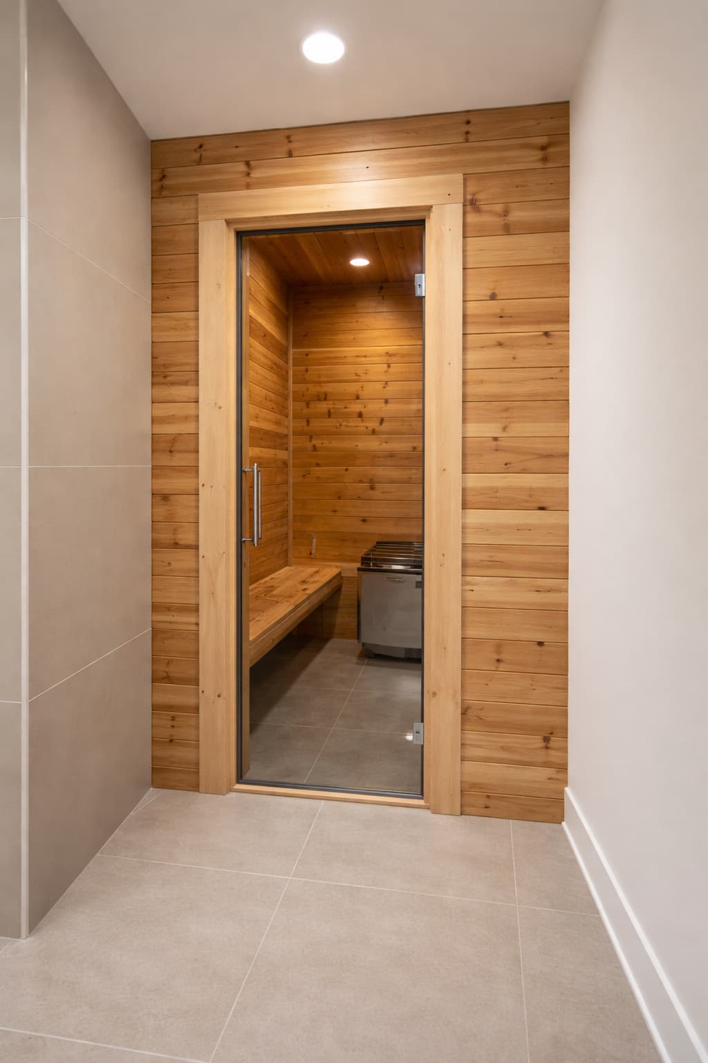 Finnish-style cedar sauna tucked into a lower-level spa suite with large-format porcelain tile.