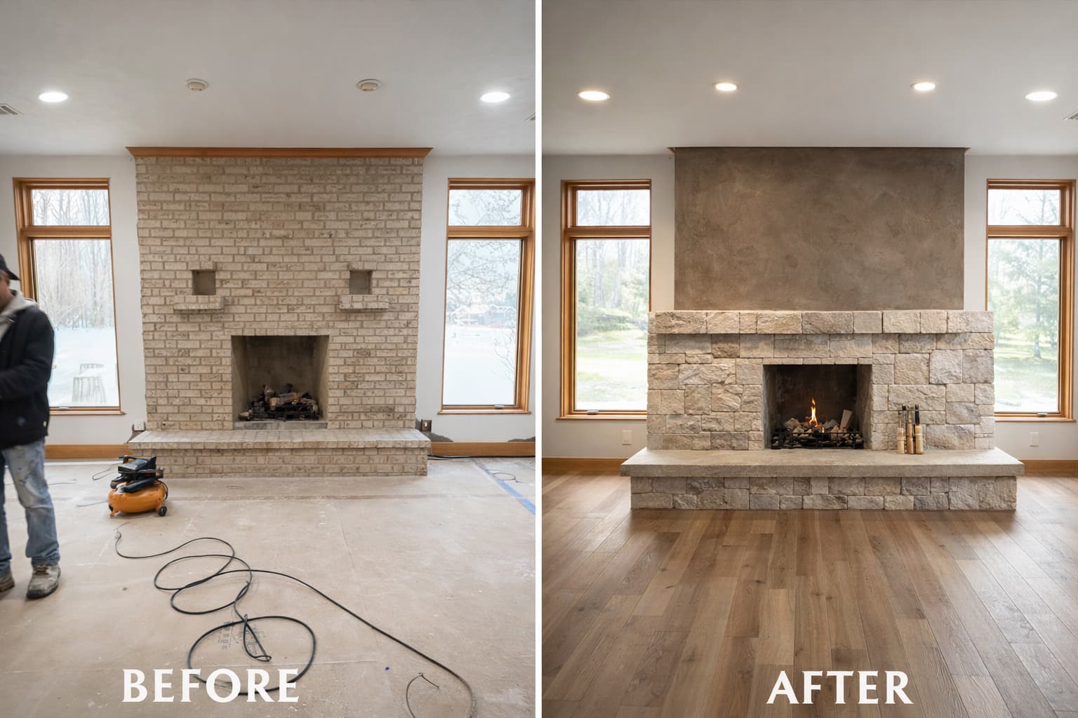 From dated white brick to an oversized stone hearth with limestone plaster surround and fresh oak floors.