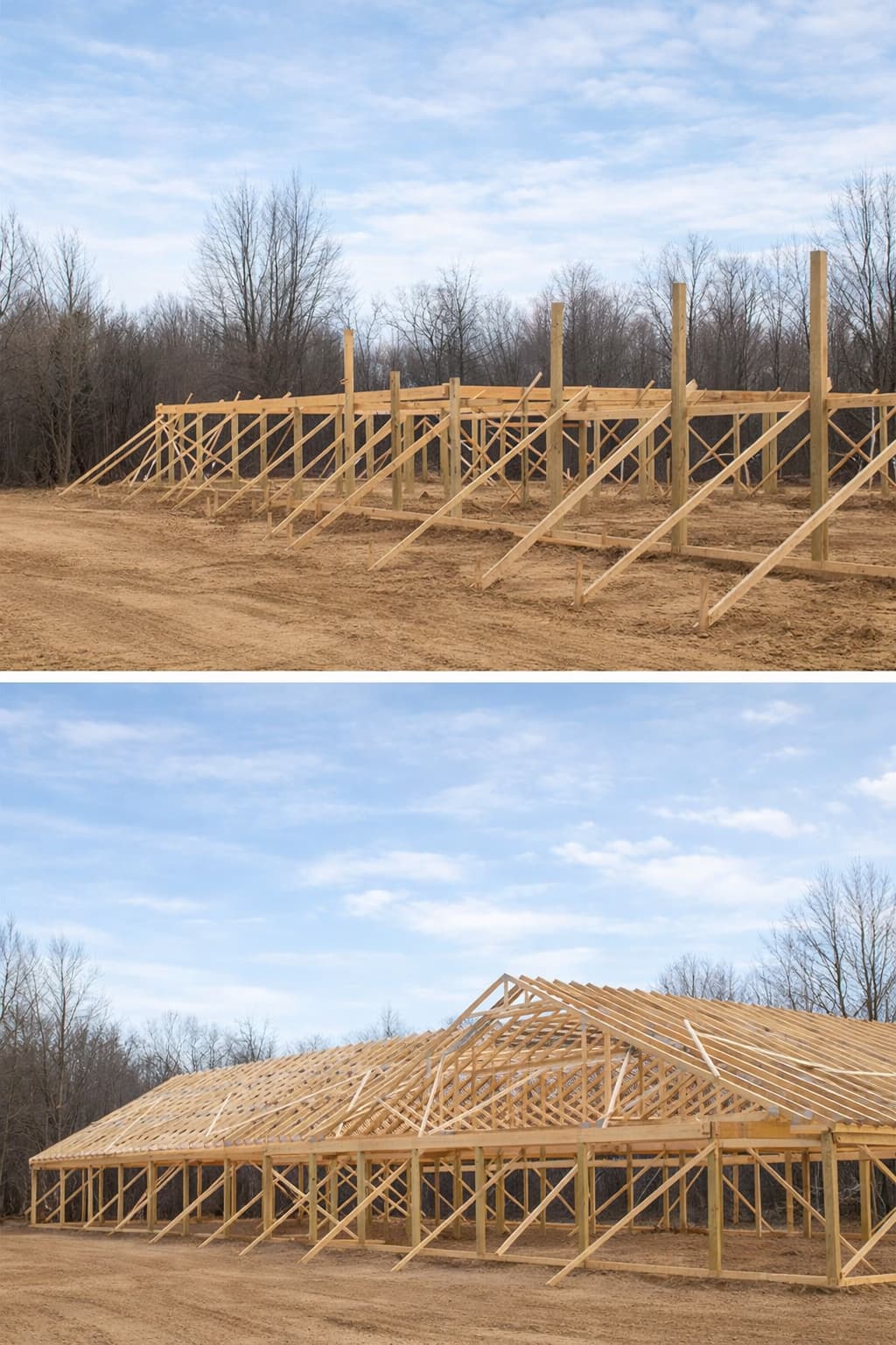 From bracing posts to trussed roof — engineered post-frame construction captured across two weeks on site.